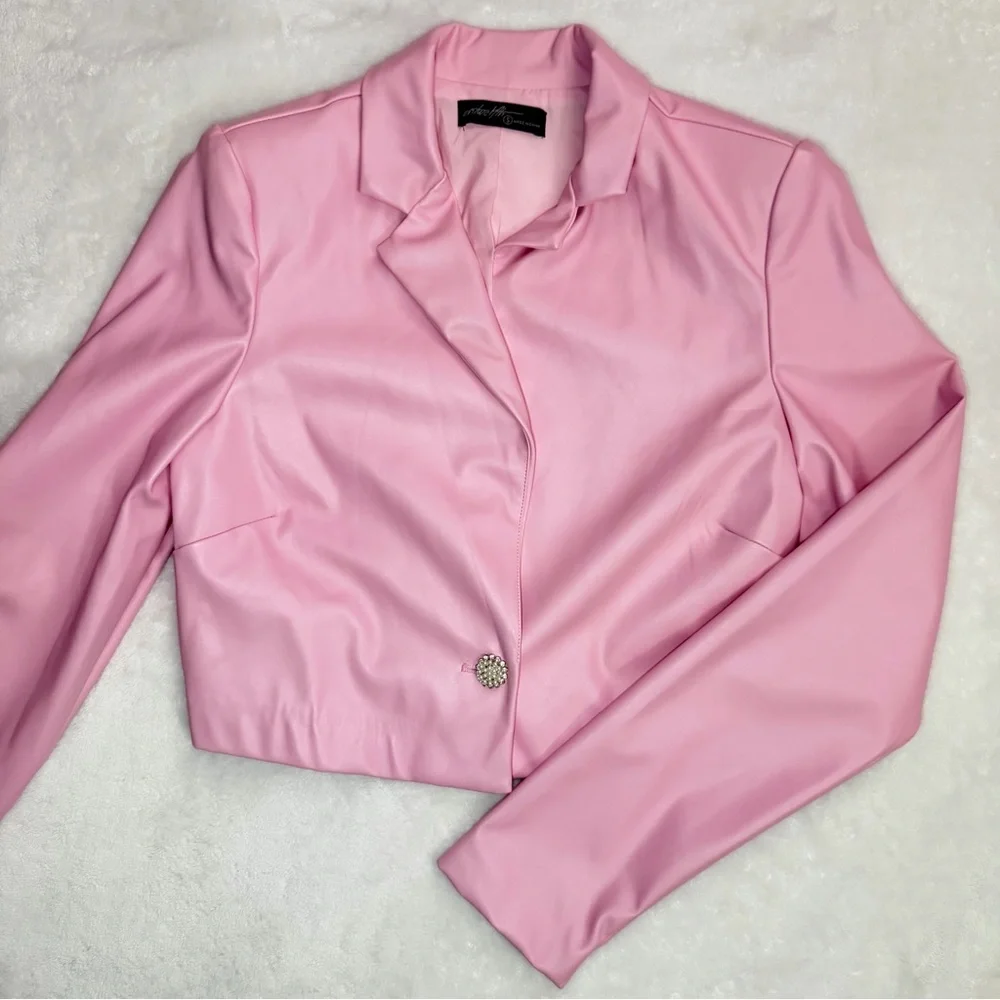 Ontwetth Women’s Cropped Pink Faux Leather Blazer Jacket - Size S